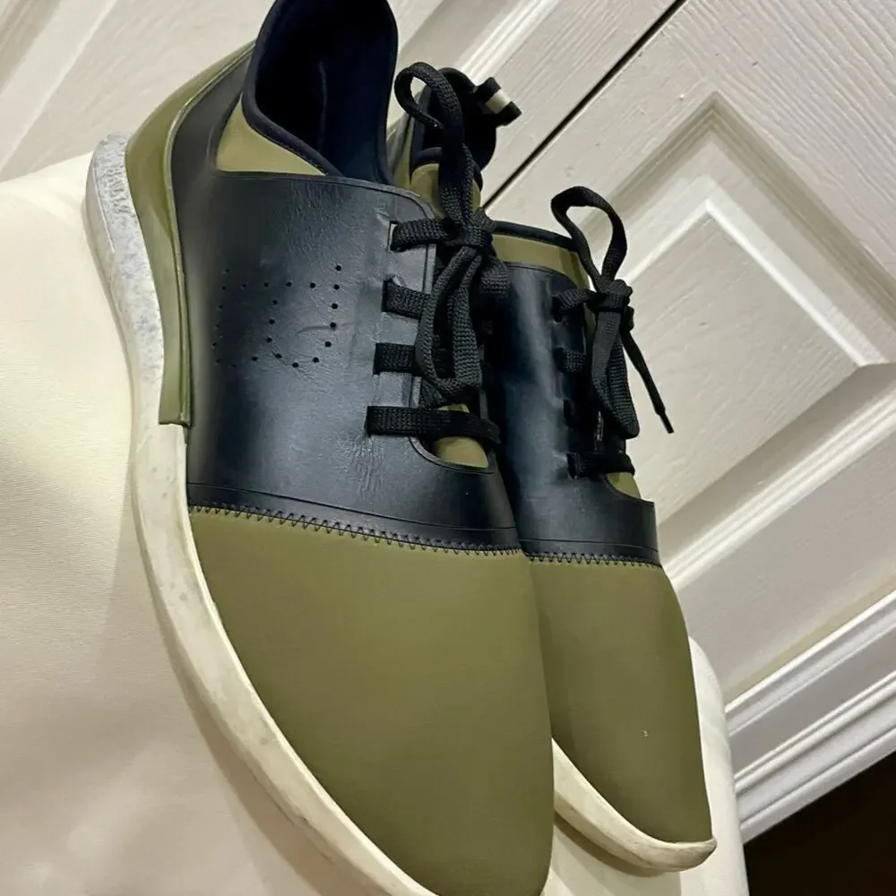 BALLY‎ MEN SHOES NEOPRENE OLIVE GREEN/BLACK LEATHER MADE IN ITALY Sz 13 ICONIC